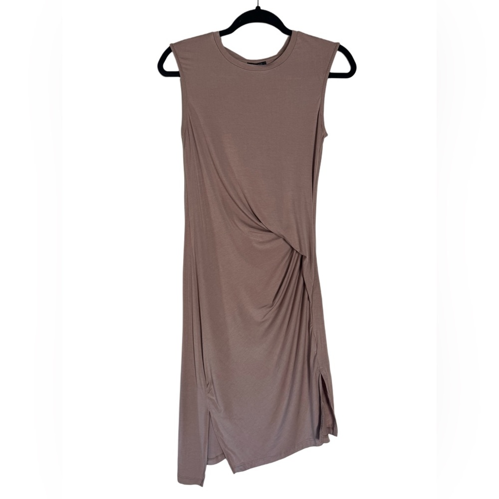ALL SAINTS 🖤 NWOT Tan Asymmetrical Sleeveless Ruched Stretch Midi Dress w/ Slit - Picture 2 of 4